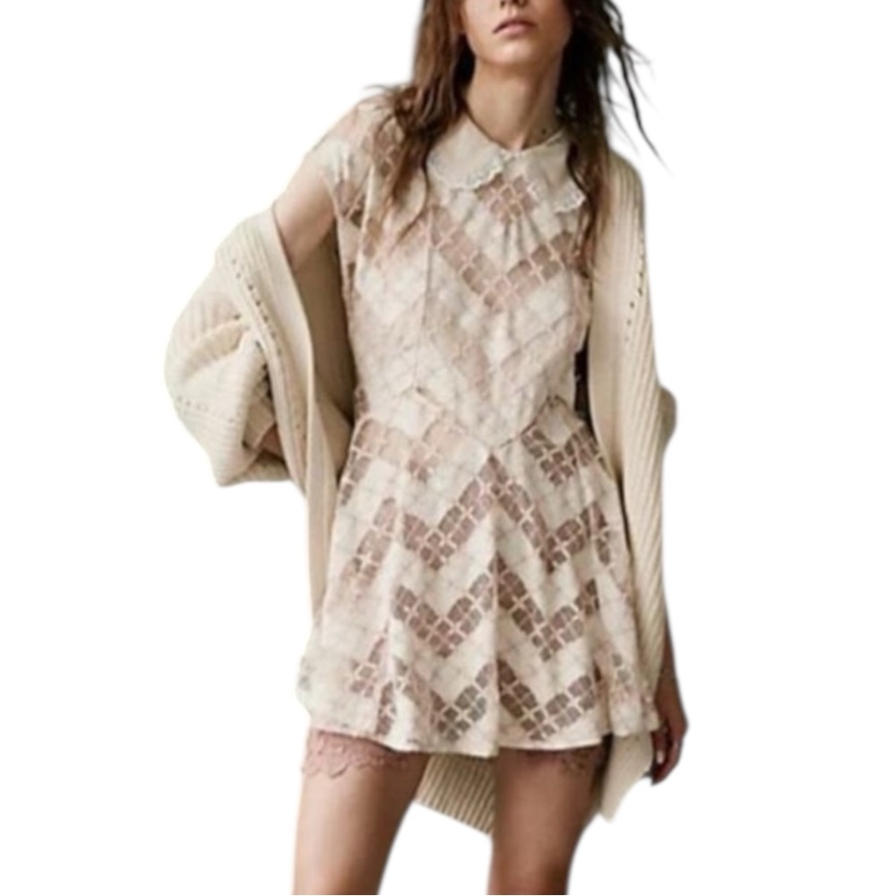 Free People Rozette Tunic Dress Lace Peter Pan Collar Open Back Cream XS